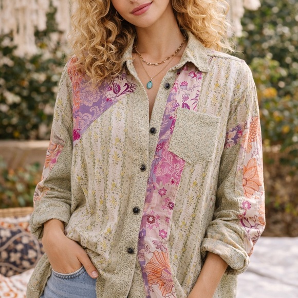 POL Multicolor Patchwork Button-Down Shirt - Picture 1 of 11